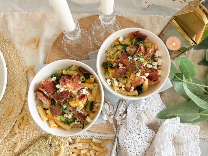 Squash, Spinach, Roasted Garlic Pasta with Chèvre & Bacon
